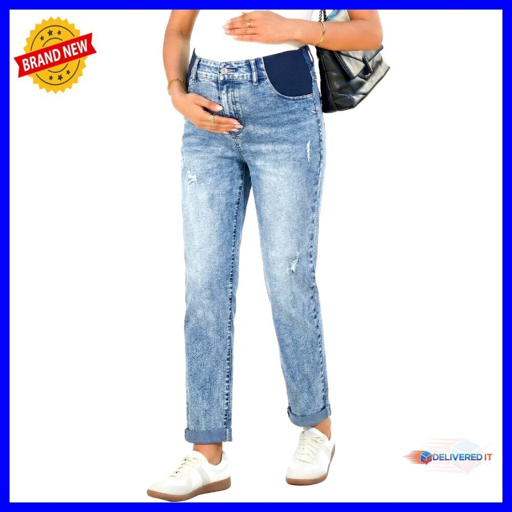 Maternity Jeans Elastic Waist Skinny Ripped Cropped Pants - Picture 1 of 7